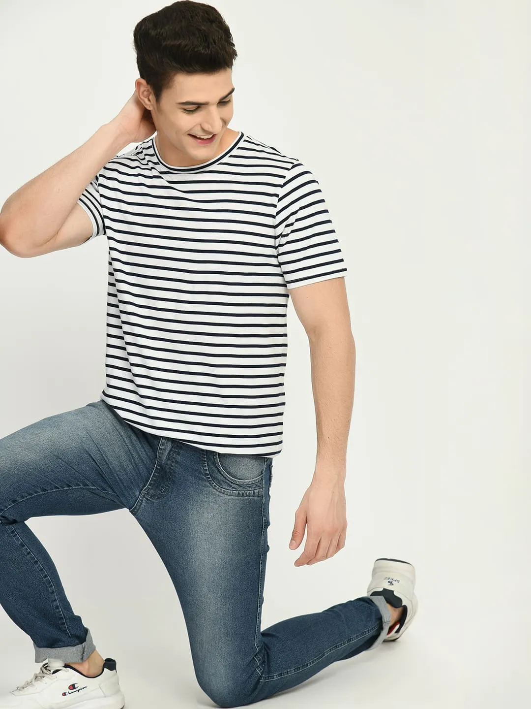 Men's Navy White Striped Round Neck T-Shirt