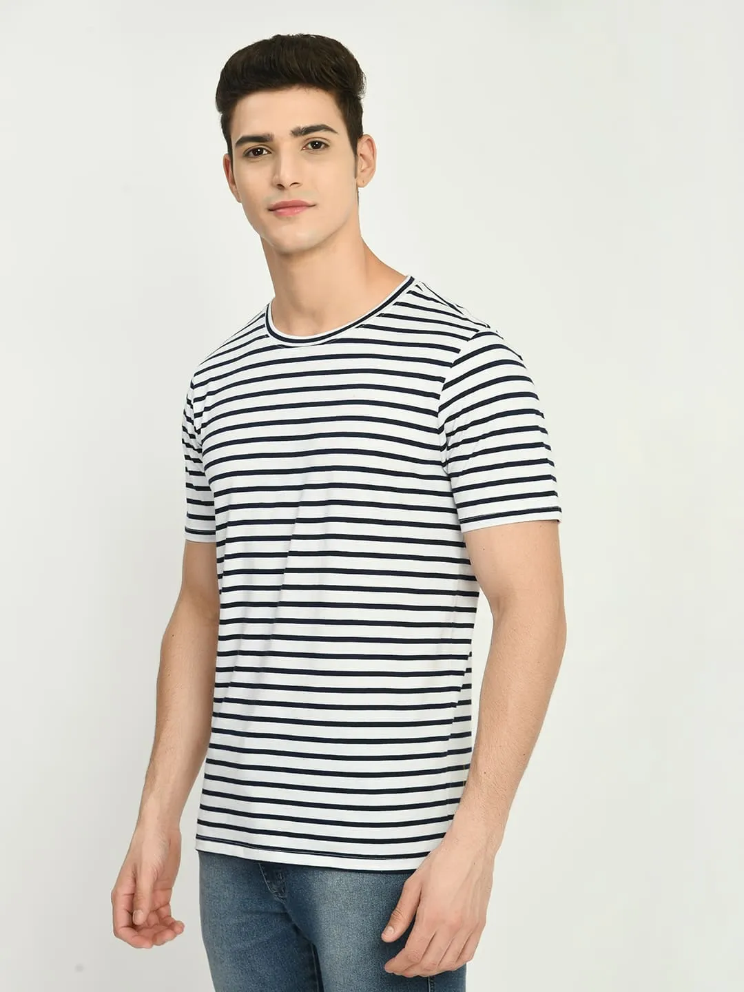 Men's Navy White Striped Round Neck T-Shirt