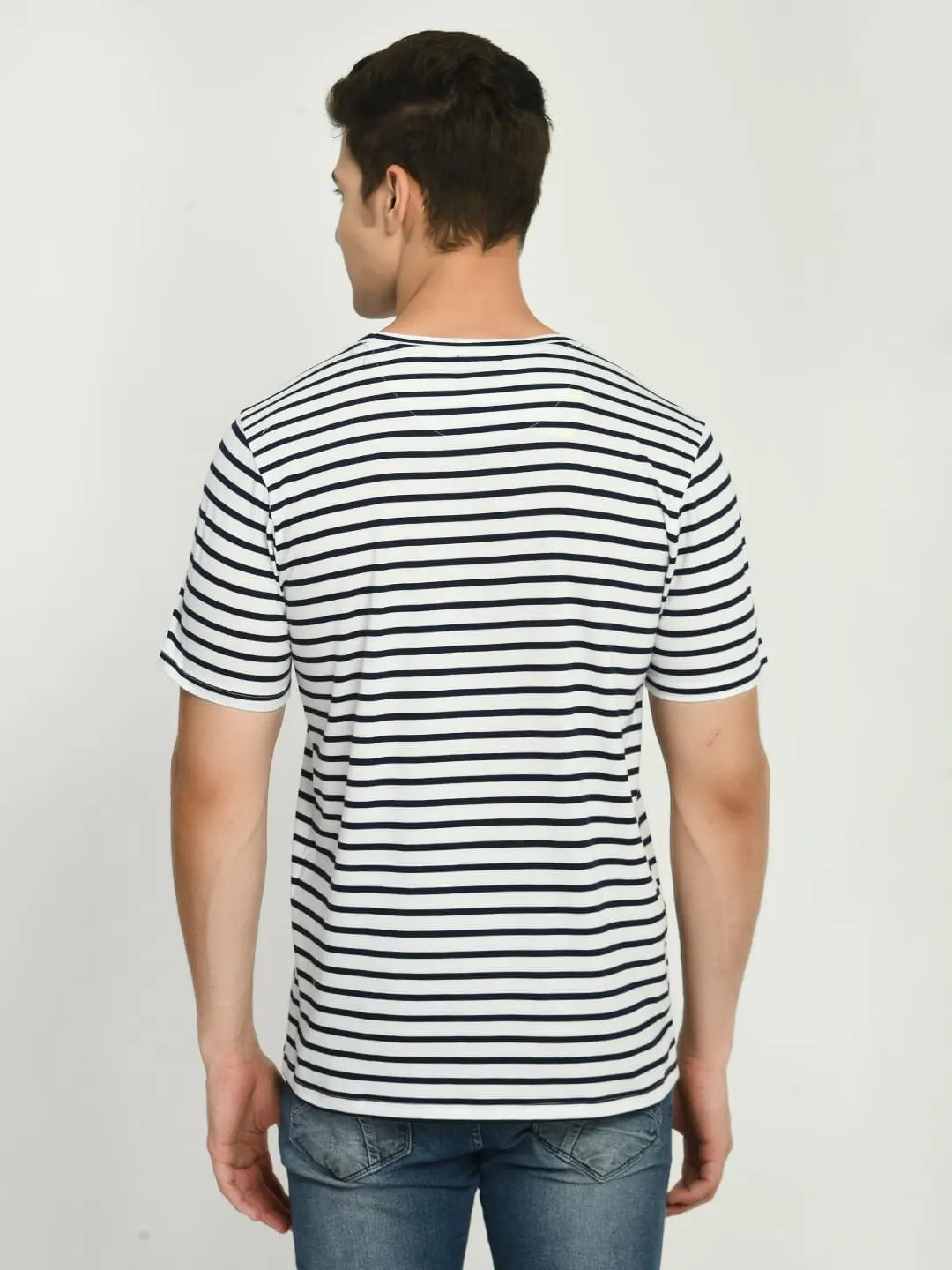 Men's Navy White Striped Round Neck T-Shirt