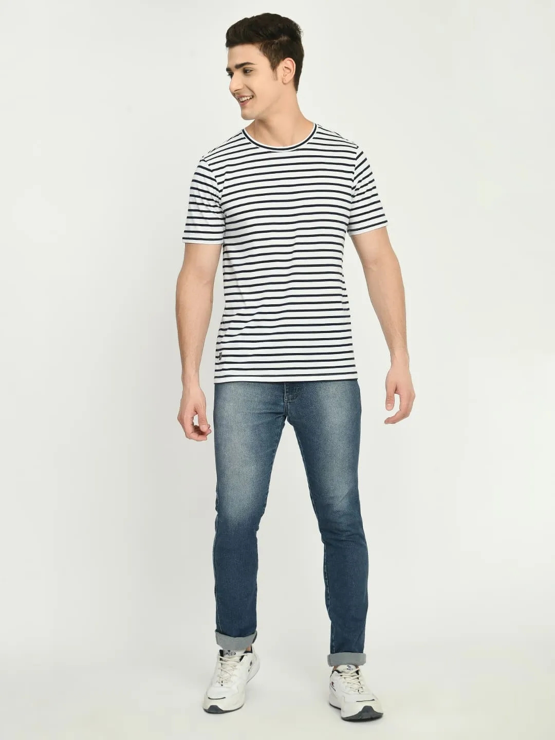 Men's Navy White Striped Round Neck T-Shirt