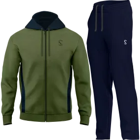 Men's Tracksuit Green Zip up Fleece Hoodie & Navy Blue Joggers