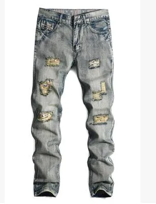 Men's Vintage Look Designer Patched Jeans