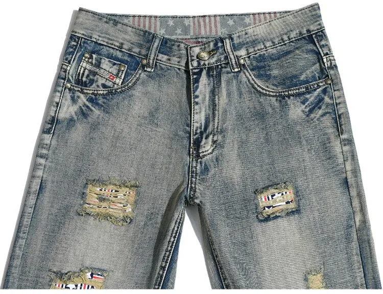 Men's Vintage Look Designer Patched Jeans