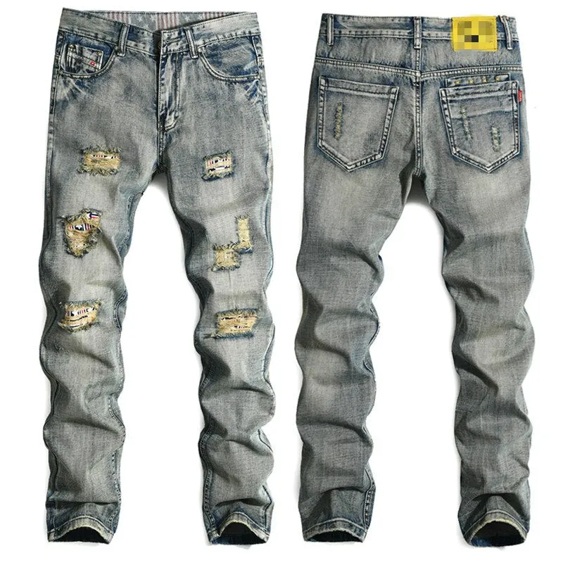 Men's Vintage Look Designer Patched Jeans