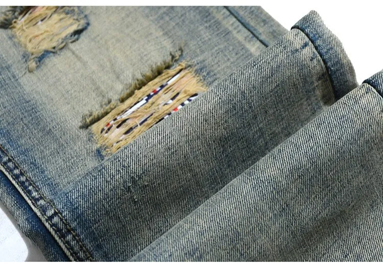 Men's Vintage Look Designer Patched Jeans