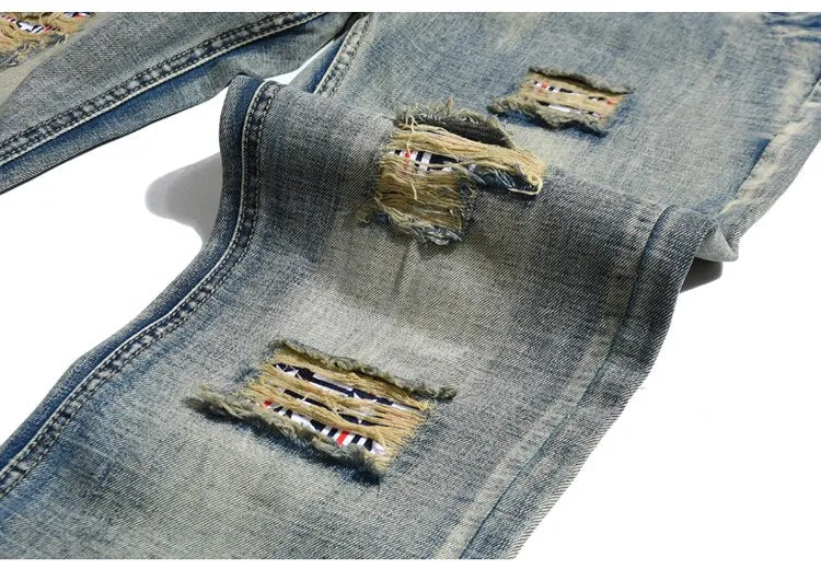 Men's Vintage Look Designer Patched Jeans