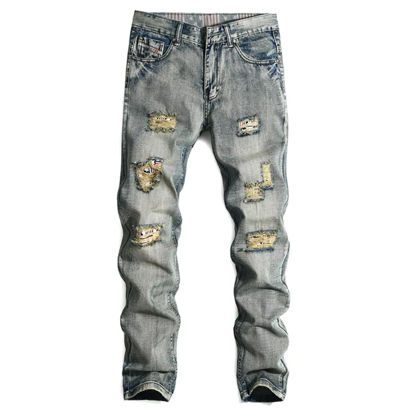 Men's Vintage Look Designer Patched Jeans