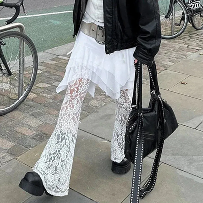 Metaversmall Fashion Y2K White Lace Trousers See Through Ruffles Patchwork Tierred Vintage 2000s Flared Pants Female Hottie Bottom