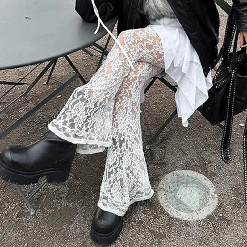 Metaversmall Fashion Y2K White Lace Trousers See Through Ruffles Patchwork Tierred Vintage 2000s Flared Pants Female Hottie Bottom