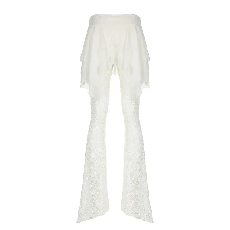 Metaversmall Fashion Y2K White Lace Trousers See Through Ruffles Patchwork Tierred Vintage 2000s Flared Pants Female Hottie Bottom