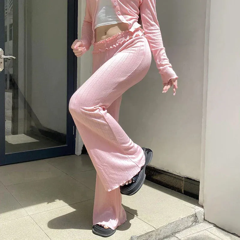 Metaversmall Korean Fashion Pink Ruched Knitted Flared Pants Harajuku Sweet Homewear Slim Trousers Cute Coquette Bow Elastic Waist