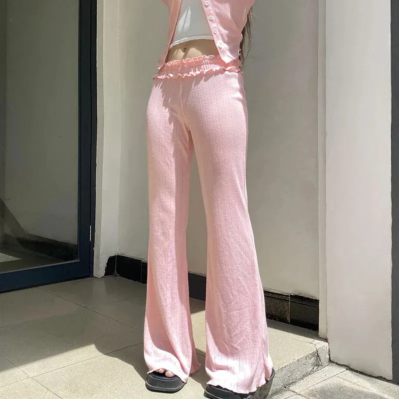 Metaversmall Korean Fashion Pink Ruched Knitted Flared Pants Harajuku Sweet Homewear Slim Trousers Cute Coquette Bow Elastic Waist