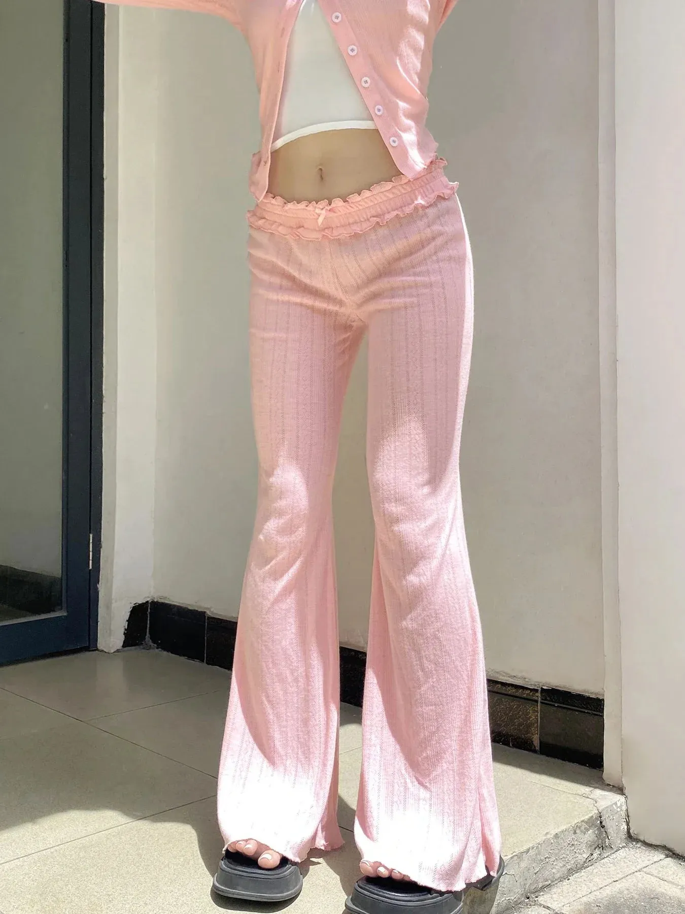 Metaversmall Korean Fashion Pink Ruched Knitted Flared Pants Harajuku Sweet Homewear Slim Trousers Cute Coquette Bow Elastic Waist