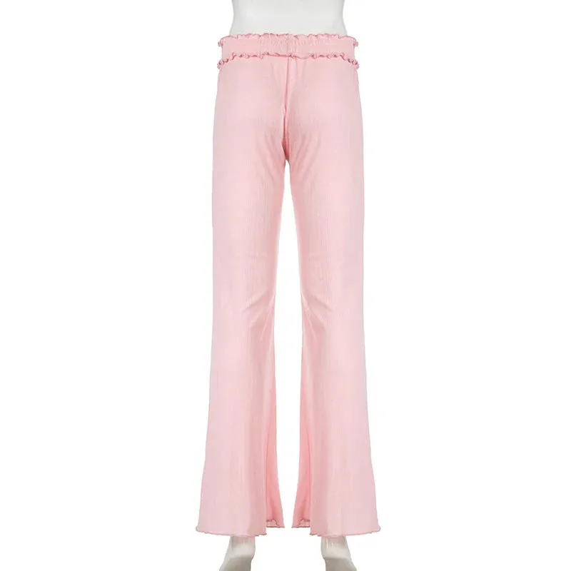 Metaversmall Korean Fashion Pink Ruched Knitted Flared Pants Harajuku Sweet Homewear Slim Trousers Cute Coquette Bow Elastic Waist