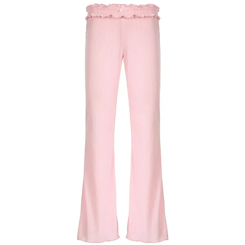 Metaversmall Korean Fashion Pink Ruched Knitted Flared Pants Harajuku Sweet Homewear Slim Trousers Cute Coquette Bow Elastic Waist