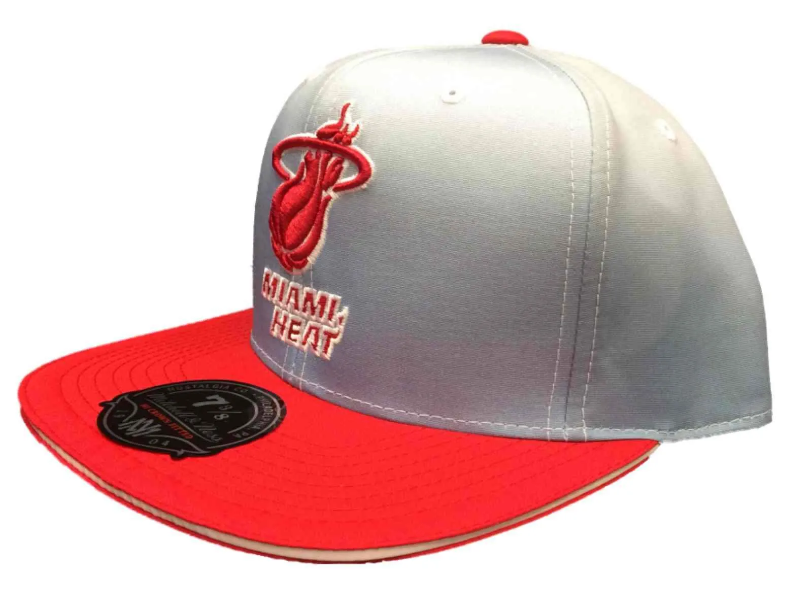 Miami Heat Mitchell & Ness Polyester Flat Bill Gray Red Fitted Hat Cap (7 3/8)