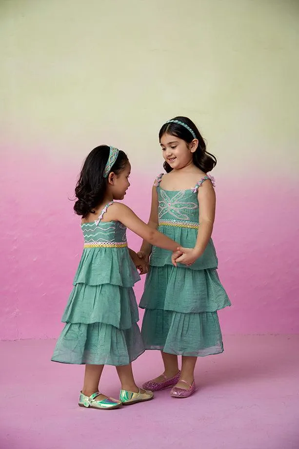 Minty Whirlwind-  Mint Hand Embroidered Layered Dress for Girls