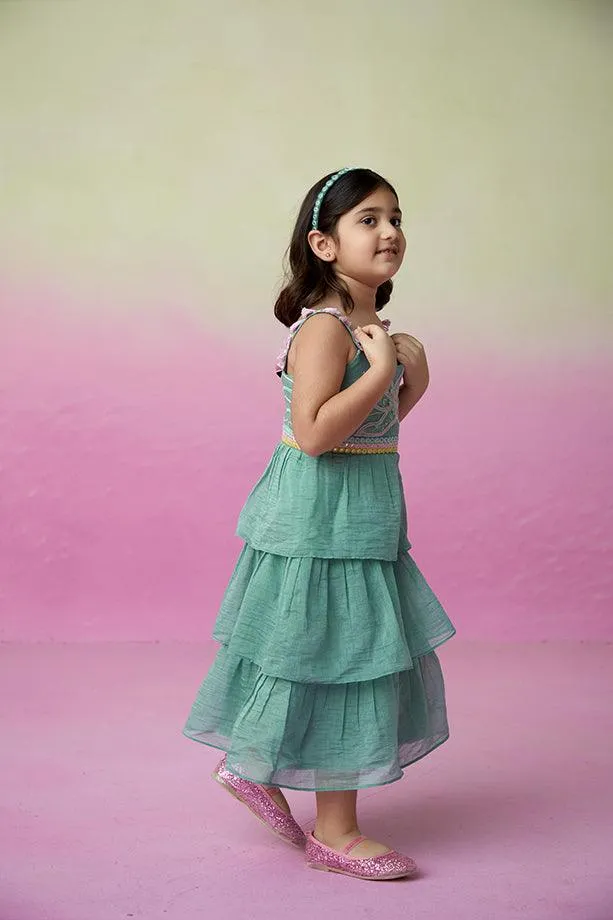 Minty Whirlwind-  Mint Hand Embroidered Layered Dress for Girls