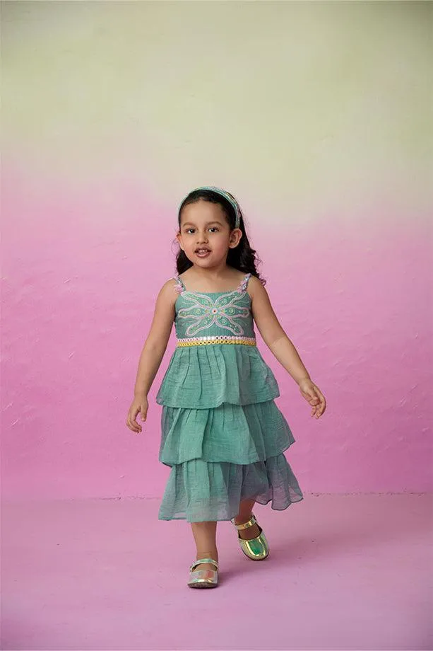 Minty Whirlwind-  Mint Hand Embroidered Layered Dress for Girls