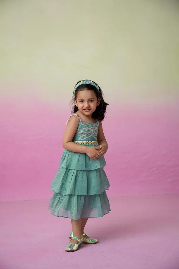 Minty Whirlwind-  Mint Hand Embroidered Layered Dress for Girls