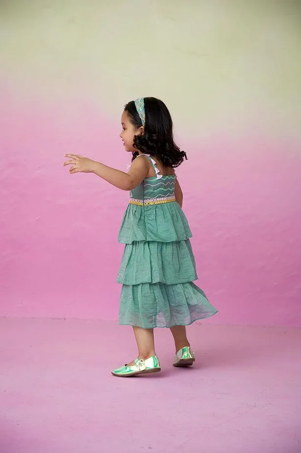 Minty Whirlwind-  Mint Hand Embroidered Layered Dress for Girls