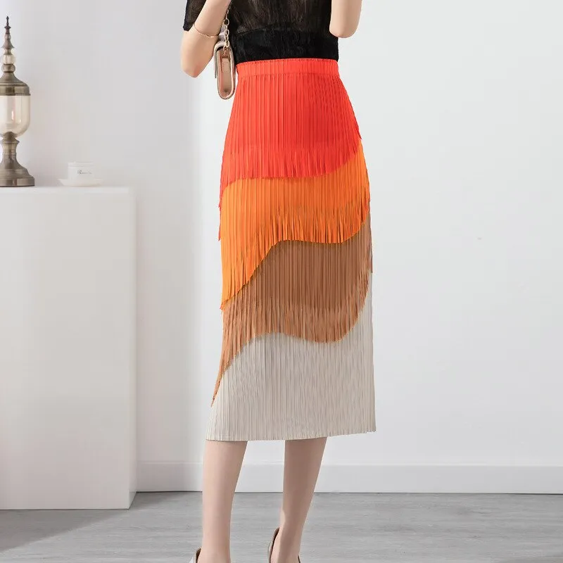 Miyake Pleated Color Block Tassel Layered Skirt