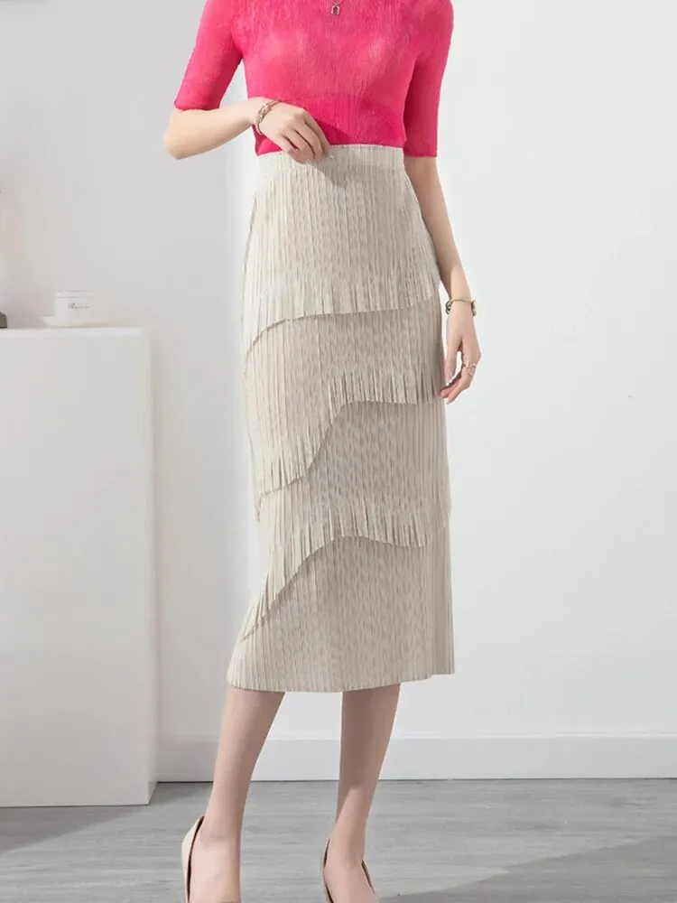 Miyake Pleated Color Block Tassel Layered Skirt