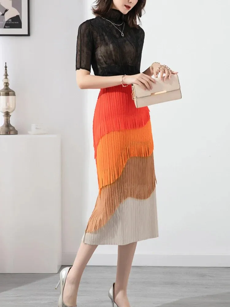 Miyake Pleated Color Block Tassel Layered Skirt