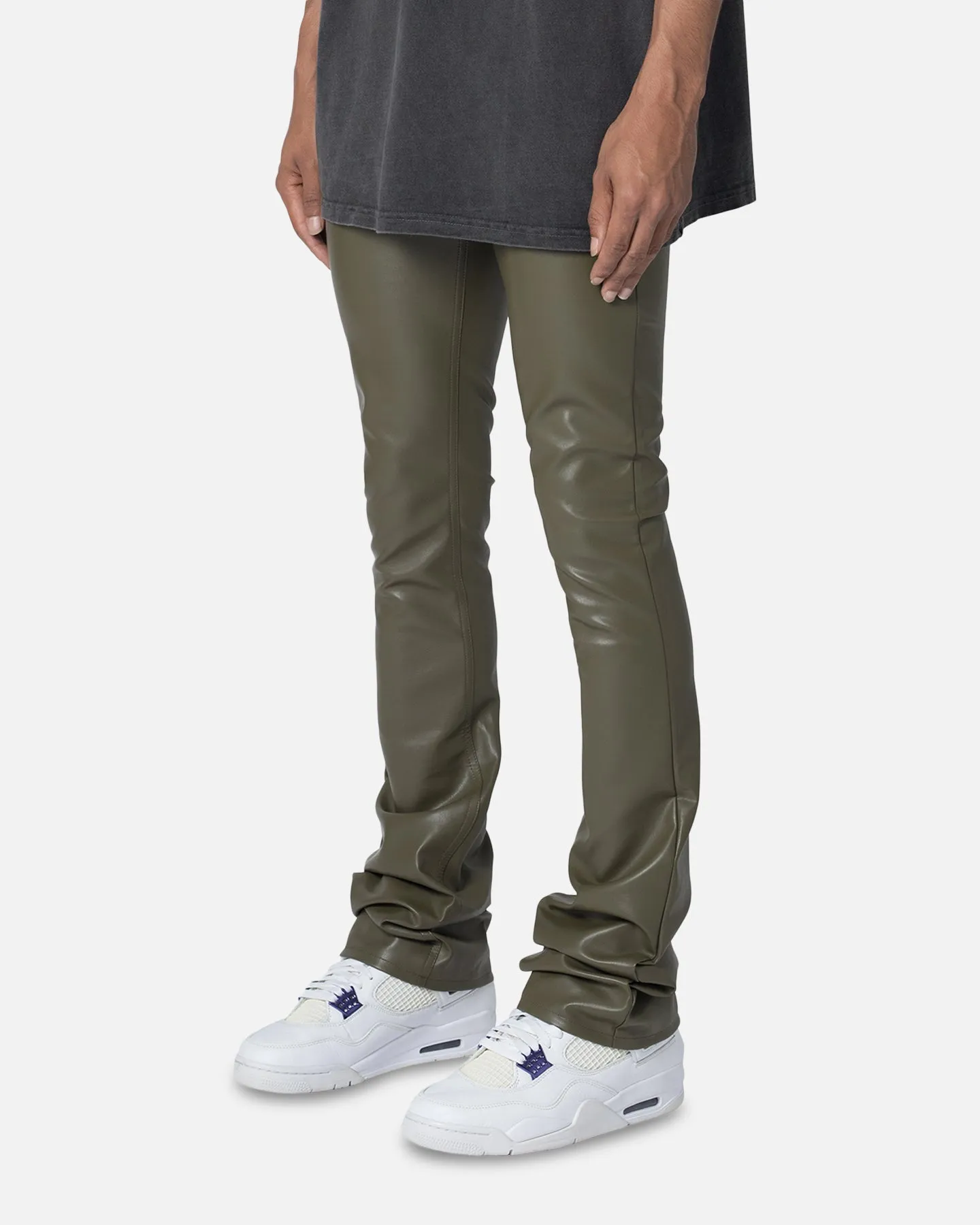 MNML X533 Leather Skinny Flare Pants Olive