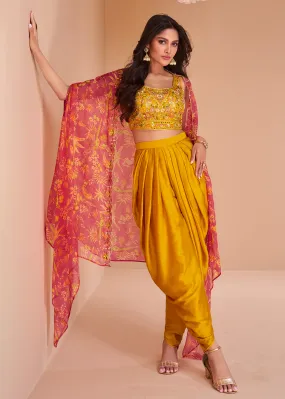 Mustard Yellow Satin Silk Indo Western Style Dhoti Pant Suit