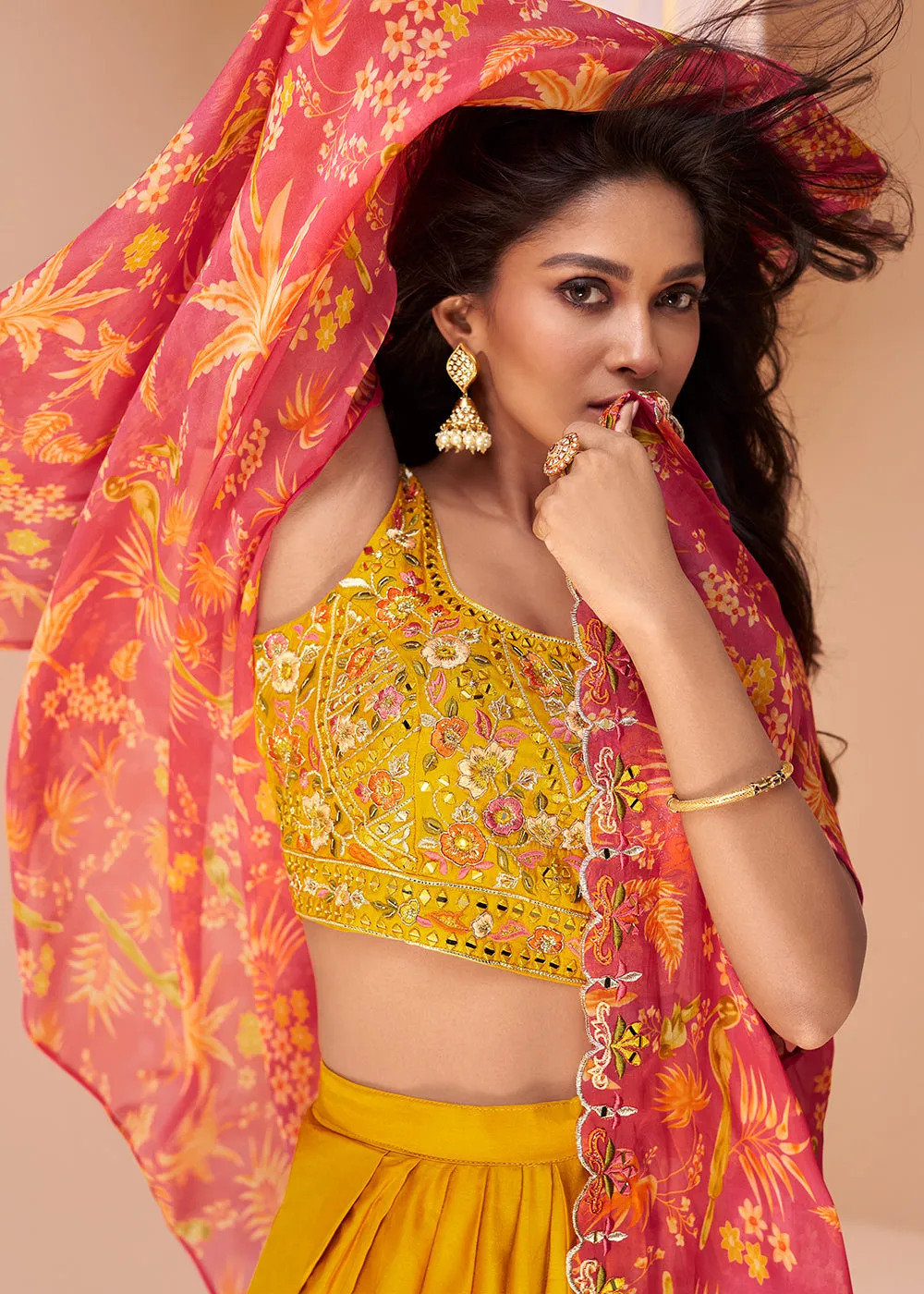 Mustard Yellow Satin Silk Indo Western Style Dhoti Pant Suit
