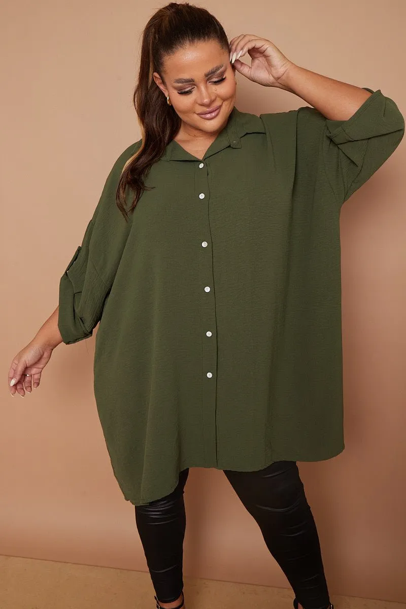 Myra PLUS SIZE Khaki Button Through 3/4 Sleeves Mid Length Shirt