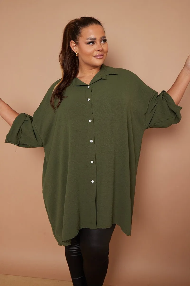 Myra PLUS SIZE Khaki Button Through 3/4 Sleeves Mid Length Shirt