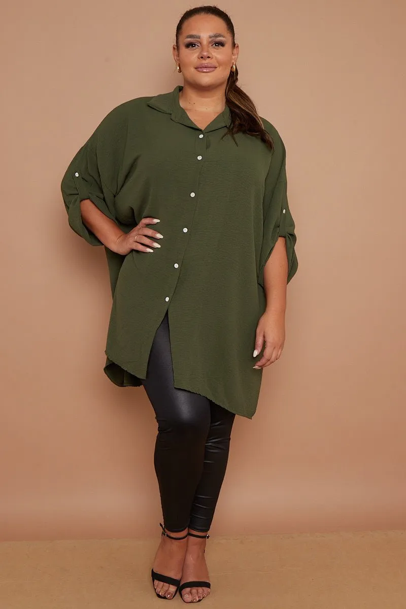 Myra PLUS SIZE Khaki Button Through 3/4 Sleeves Mid Length Shirt