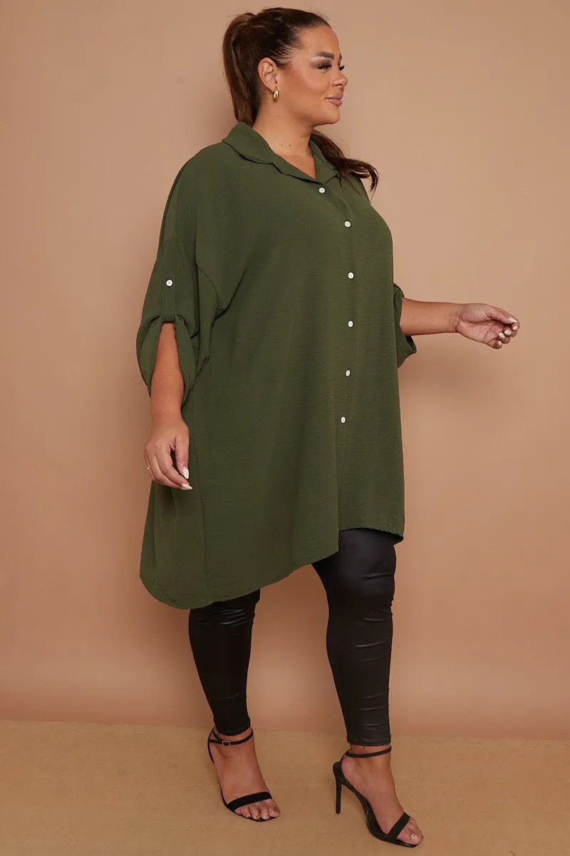 Myra PLUS SIZE Khaki Button Through 3/4 Sleeves Mid Length Shirt