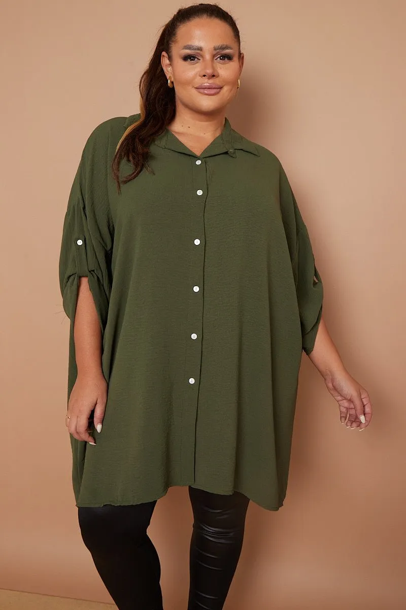 Myra PLUS SIZE Khaki Button Through 3/4 Sleeves Mid Length Shirt