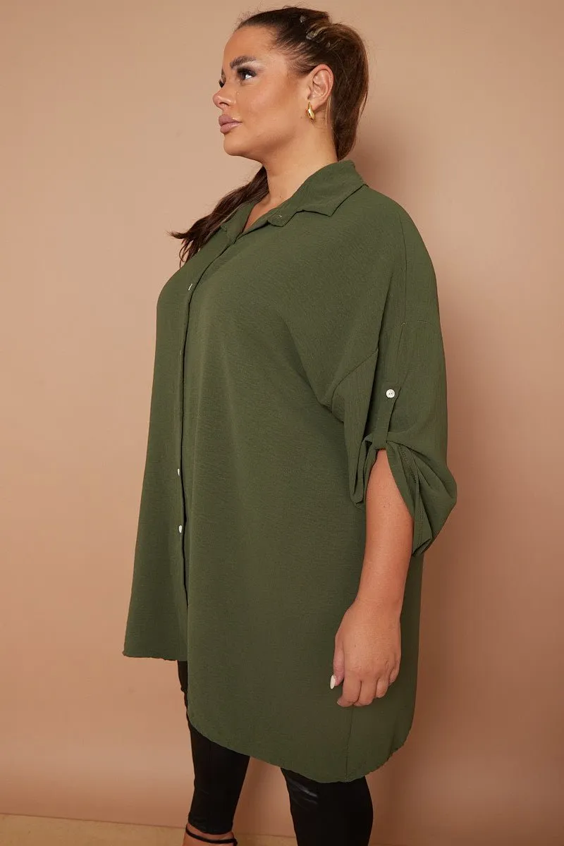 Myra PLUS SIZE Khaki Button Through 3/4 Sleeves Mid Length Shirt