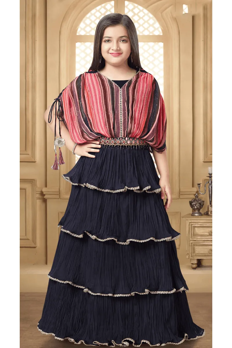 Navy Blue with Multicolor Printed Poncho Styled Lehenga Choli for Girls