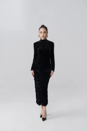 Nisha Gathered Long Sleeved Velvet Midi Dress