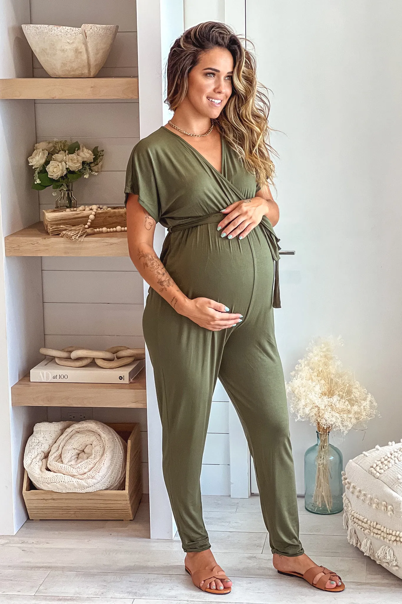 Olive Maternity Jumpsuit with Tie Waist