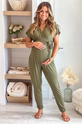 Olive Maternity Jumpsuit with Tie Waist