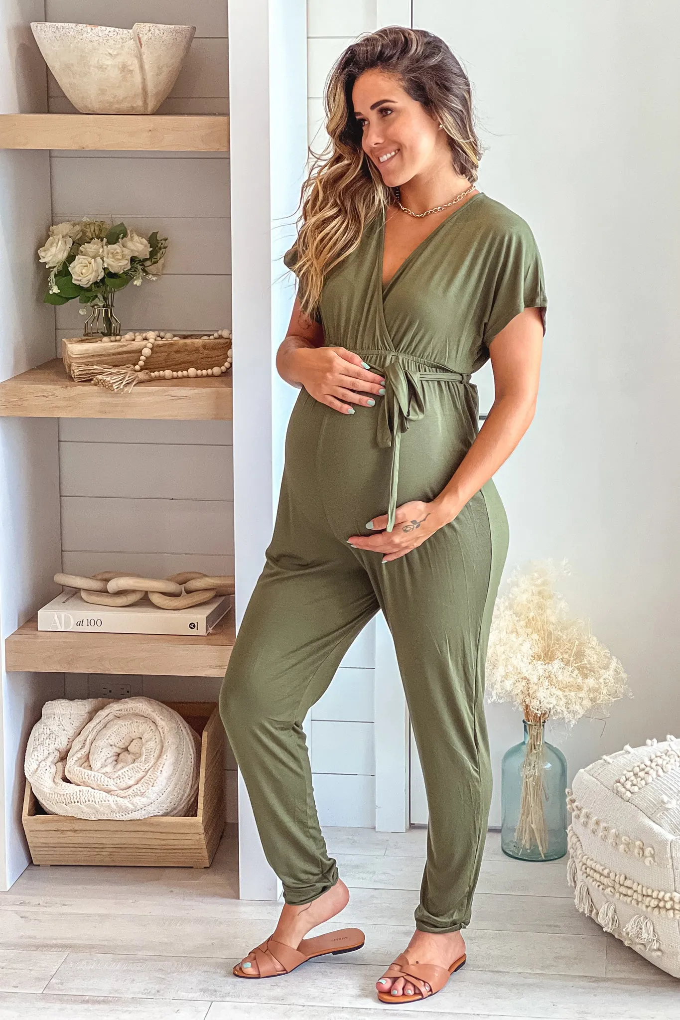 Olive Maternity Jumpsuit with Tie Waist