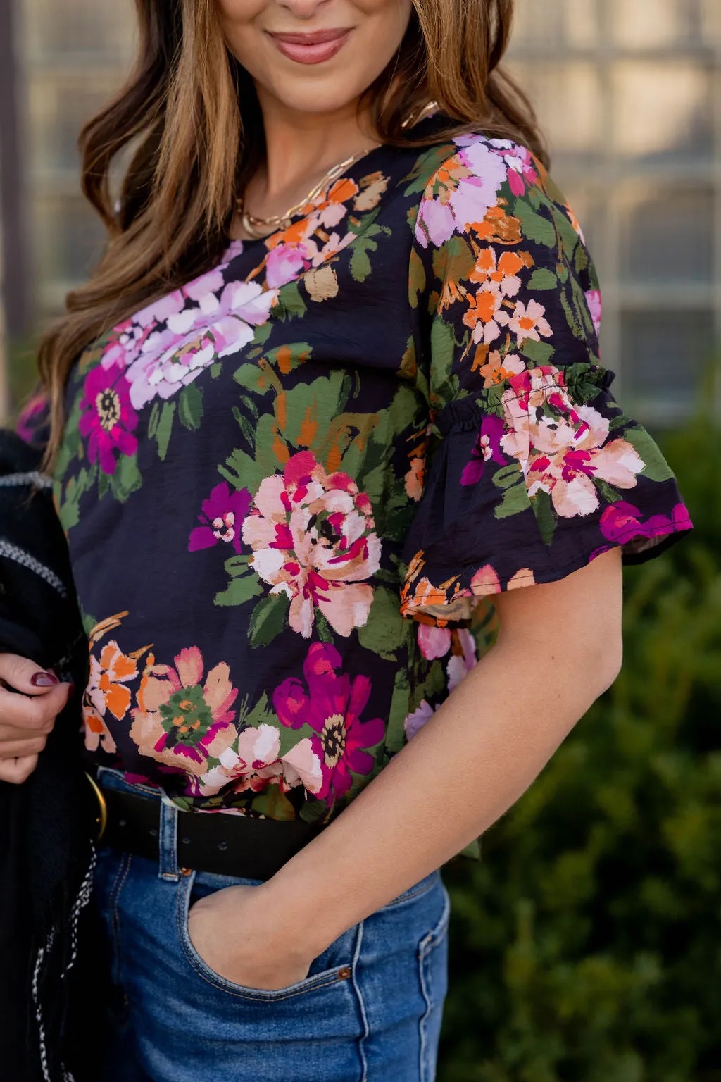 Painted Blooms Bell Sleeve Blouse