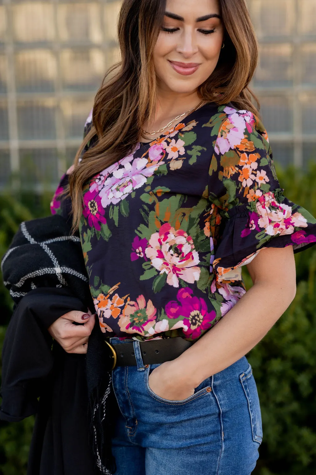 Painted Blooms Bell Sleeve Blouse