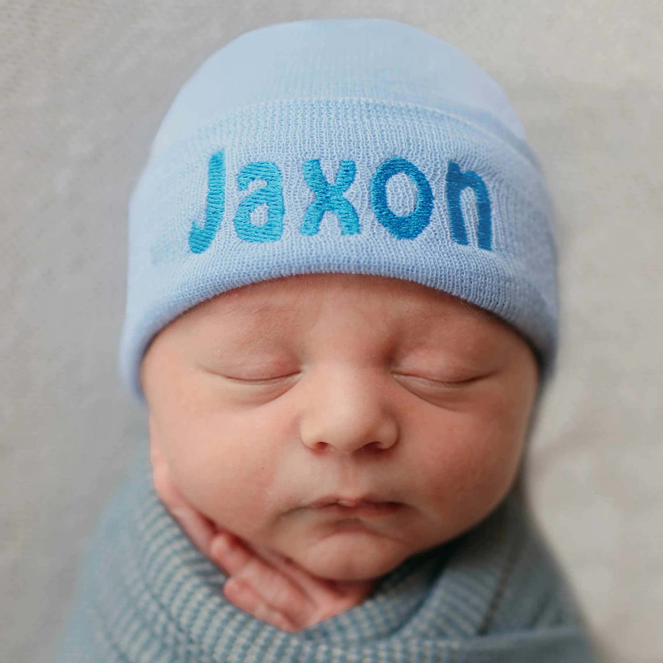 Personalized Blue Newborn Baby Boy Hospital Beanie Hat with Blue Lettering Infant Hat Newborn Hat