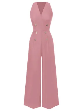 Pink 1950s Sleeveless Buttoned Solid Jumpsuit