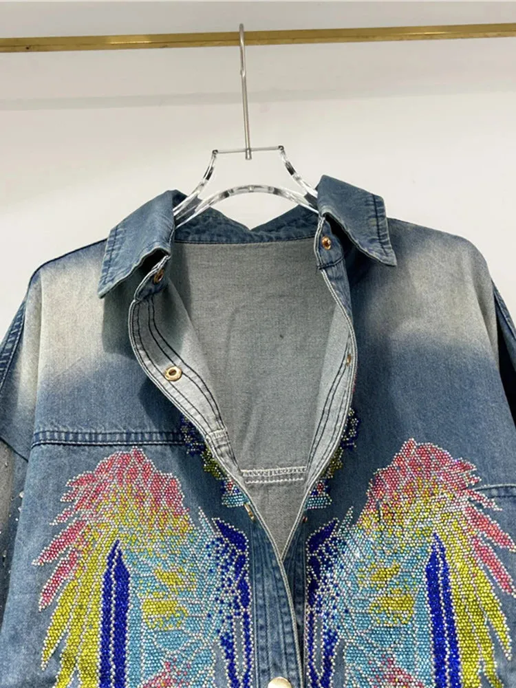 Pre Order:  Colorful Diamond Rhinestone Long Sleeved Denim Shirt