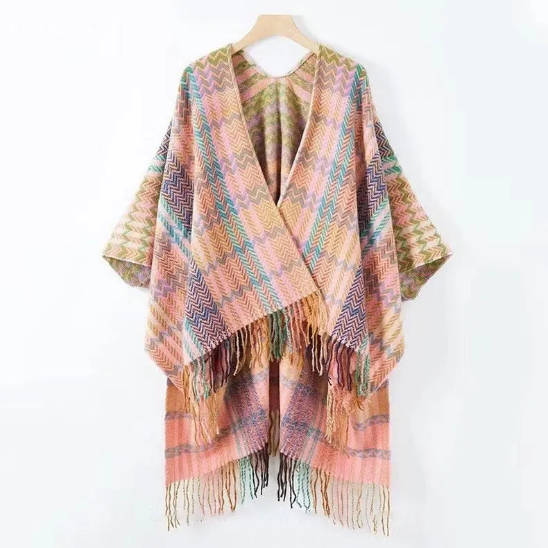 Pre Order:  Colorful Wave Striped Thick Tassel Split Cape