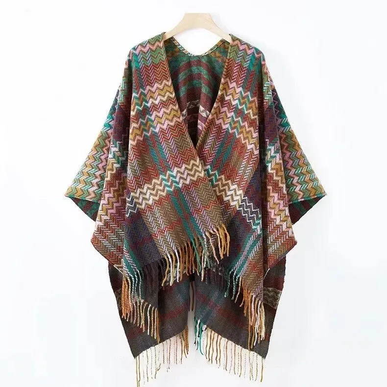 Pre Order:  Colorful Wave Striped Thick Tassel Split Cape