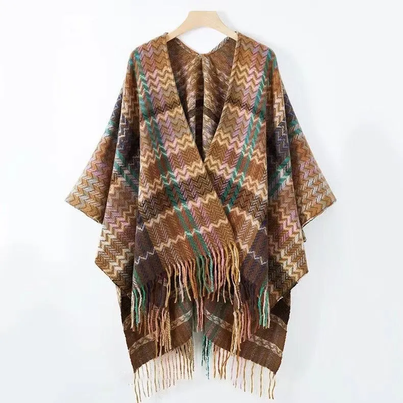 Pre Order:  Colorful Wave Striped Thick Tassel Split Cape